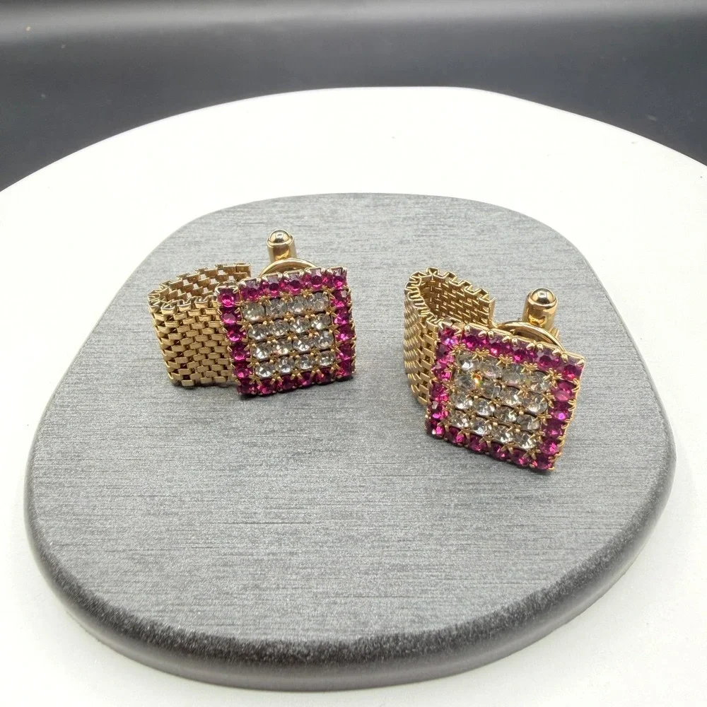 Gold Tone Pink Clear Rhinestone Square Wraparound Mesh Cufflinks Formal Jewelry